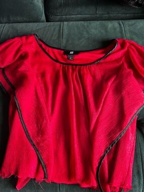 Iz Byer Red Ruffle Chiffon Cropped Blouse with Black Trim